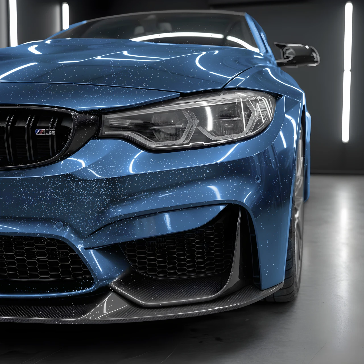 BMW M4 headlight and bumper close-up before PPF — unprotected against stone chips