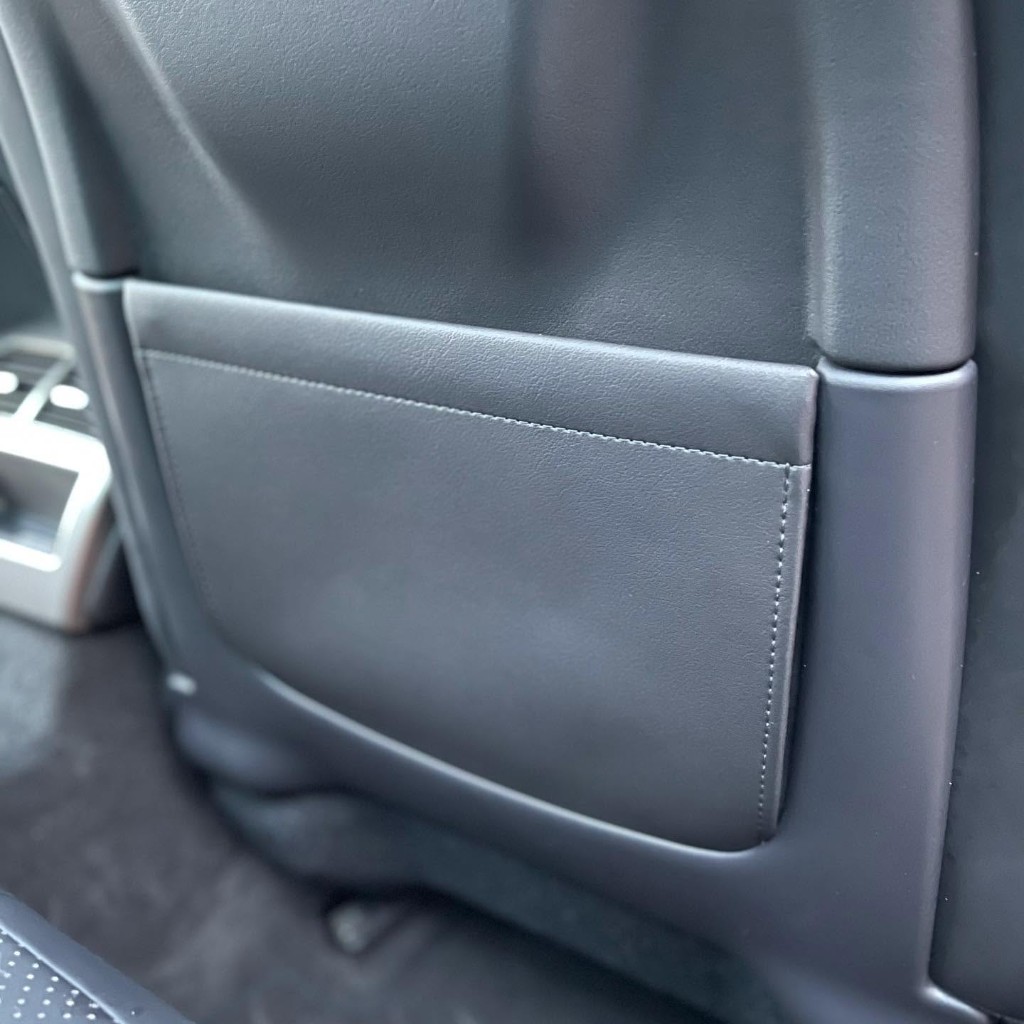 Leather seat back pocket after — conditioned and spotless