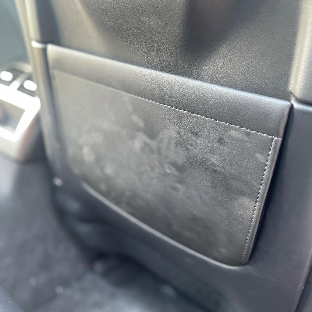 Leather seat back pocket before — stained and marked