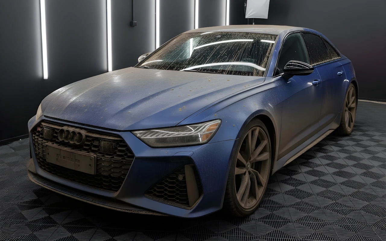 Audi RS6 in blue before ceramic coating — dull, dust and contamination across the paint