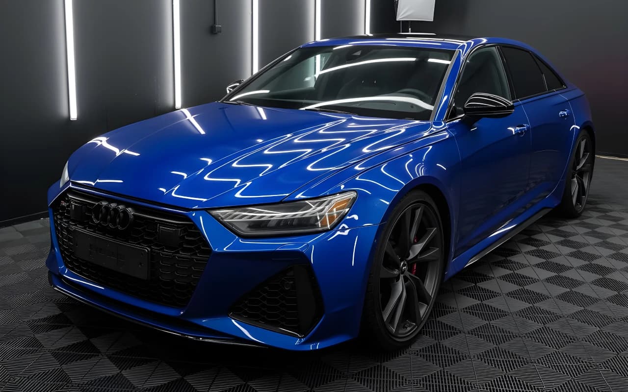 Blue Audi RS6 with a deep mirror-gloss ceramic coating finish under JnJ studio lighting